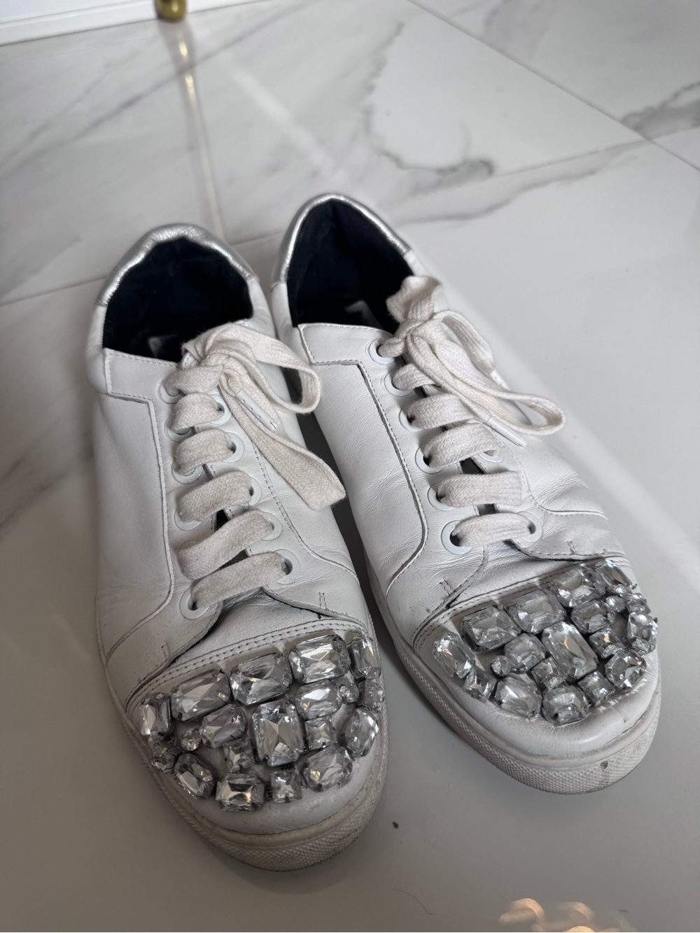 Rebecca Minkoff White Leather Sneakers with Crystal Toe Accents